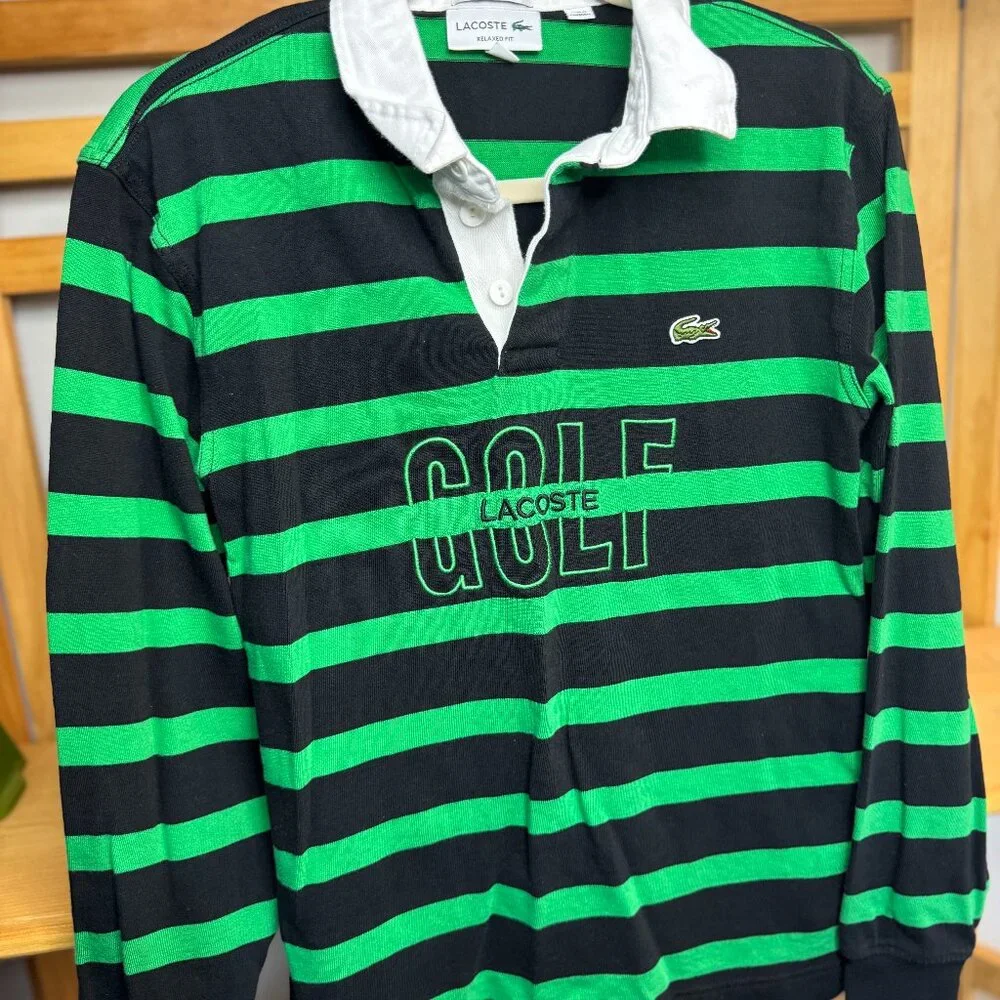 Lacoste Relaxed Fit Striped Rugby Shirt – Black & Green “GOLF” Logo XS 34